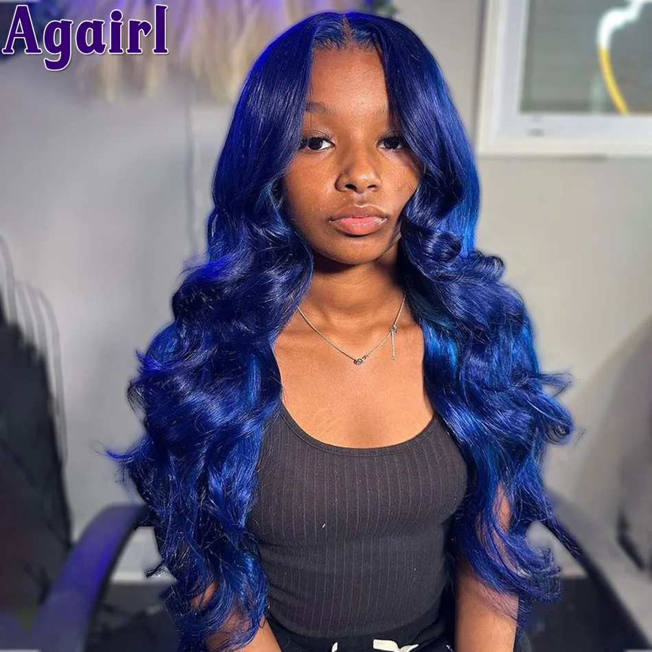 

200% Glueless Navy Blue Colored Body Wave Lace Front Human Hair Wigs Pre Plucked Malaysian Transparent 13x6 Lace Frontal Wigs