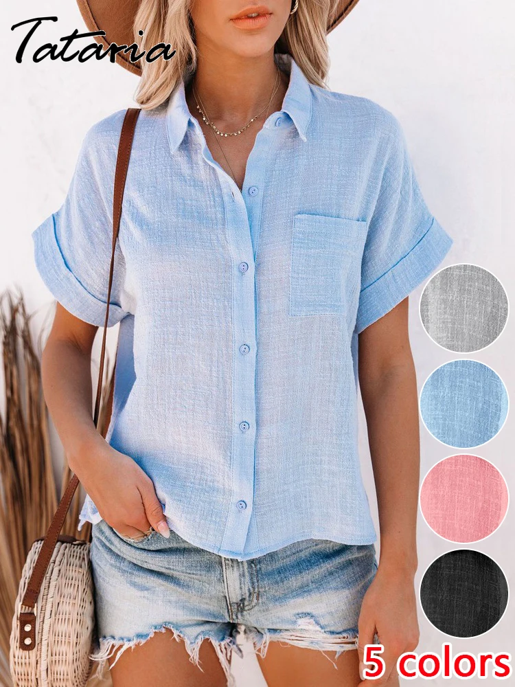 Хлопковая льняная Свободная рубашка Женская однотонная летняя блузка мягкая