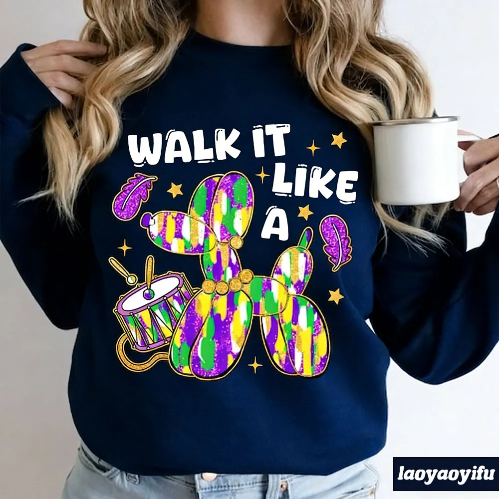 Фото Свитшот «2026 Walk It Like A Dog» к Марди Гра, ретро-карнавальная толстовка с круглым вырезом, рубашка с цветком флер-де-лис, луизианский наряд, преппи-топ в стиле Нью-Орлеан №3