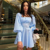 autumn and winter new womens wear square neck pleated pleated skirt high waist tight lantern sleeve dress long sleeves vestidos