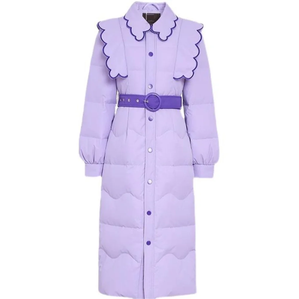 

Женский длинный пуховик, зимняя утепленная куртка на белом утином пуху с вышивкой и кружевом