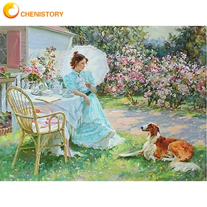 

CHENISTORY 5D Diamond Painting Woman And Dog Kit Diy Pictures Embroidery Diamond Mosaic Garden Landscape Home Decoration