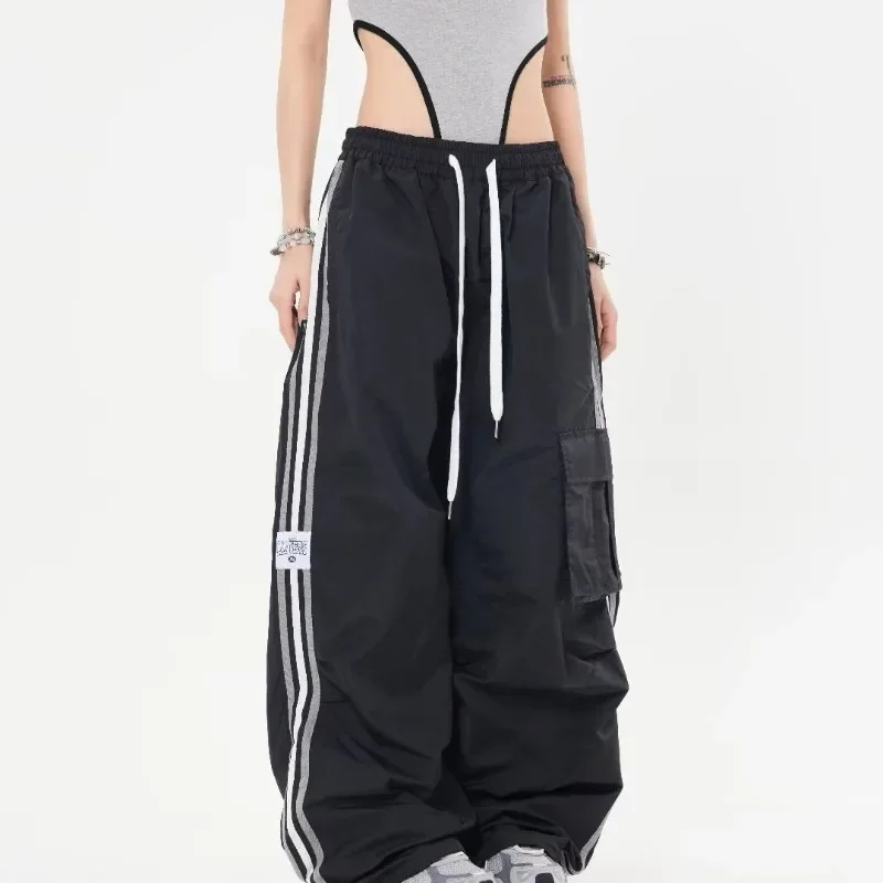 

Y2K Cargo pants Women Fashion Wide Leg Casual Pants Loose Striped Sports Sweatpants Drawstring Parachute Pantsh Trousers