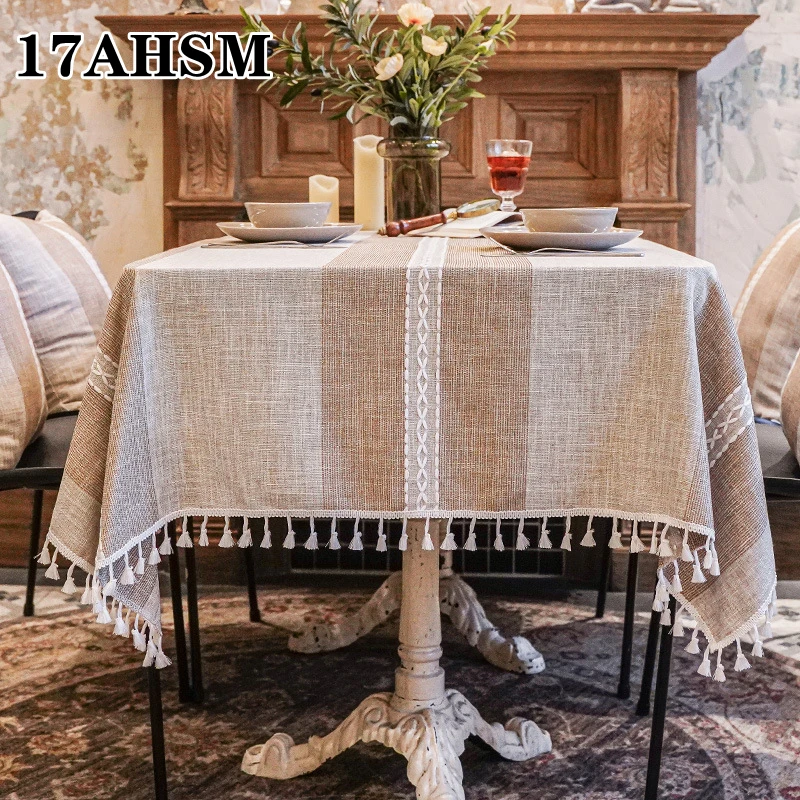 

17AHSM Cotton Linen Tassel Tablecloths Rectangular Wrinkle Free Anti-Fading Home Decorative Indoor & Outdoor Dining Table Cover