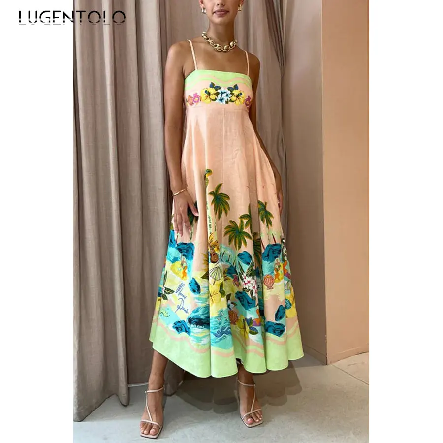 

Women Summer Suspenders Dress Print Casual Sexy High Waist Female Big Swing Fashion Holiday Sleeveless Pullover Long Clothing