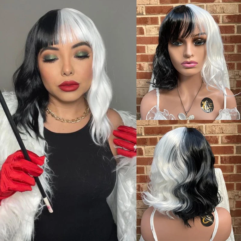 Милый парик Боб с челкой получерно-белые короткие волнистые парики термостойкие