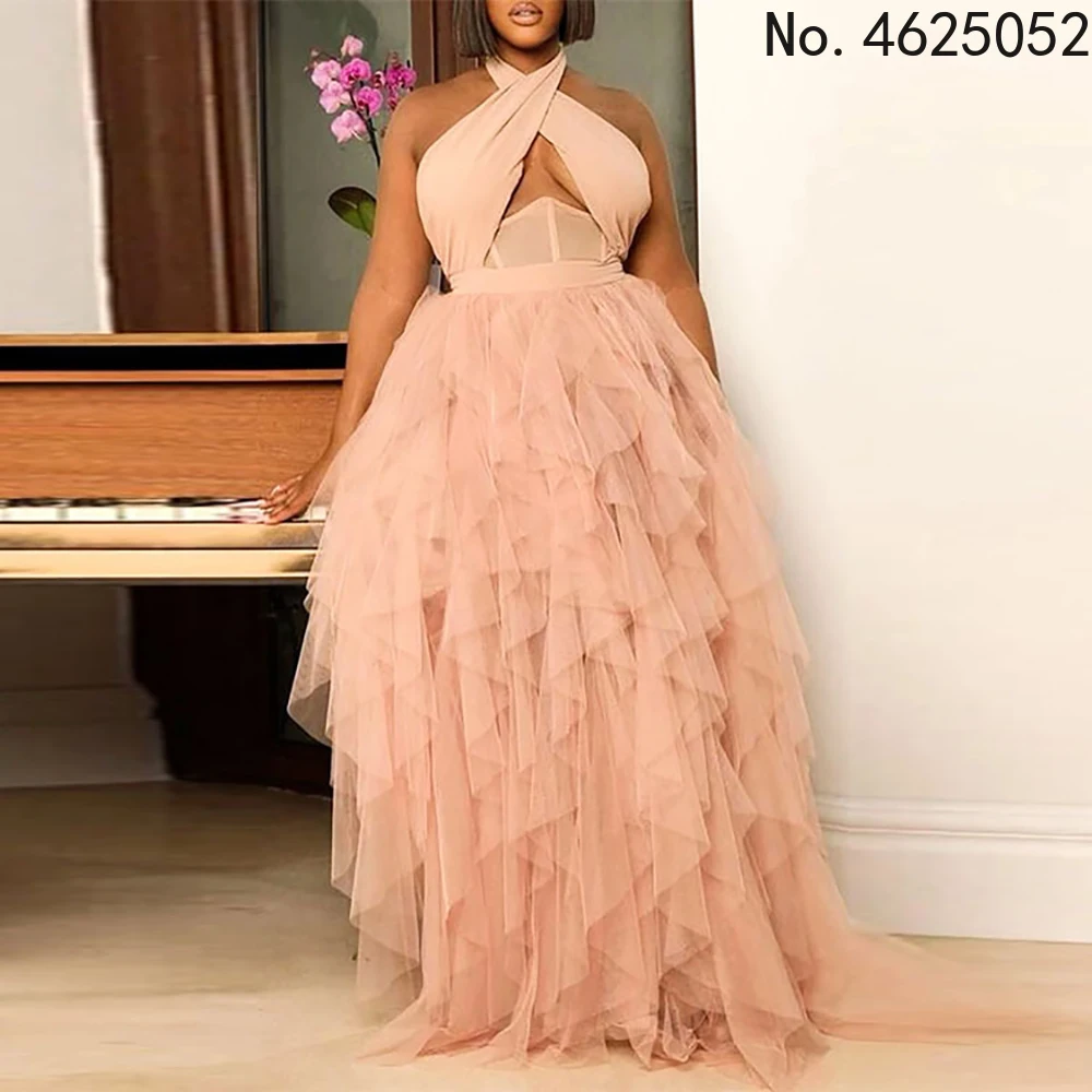 

2022 Summer Women Sexy Party Dress Halter Sleeveless Backless High Waist Cascading Ruffles Mesh Floor-Length Bubble Dresses