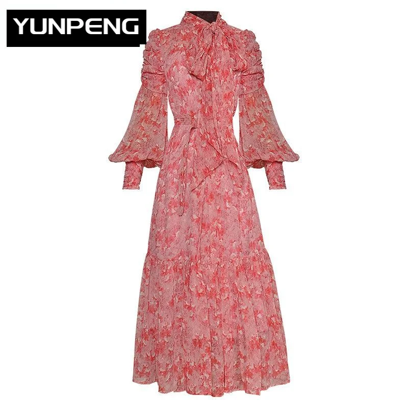 

Dresses For Women 2023 Runway Luxury Brand Elegant Spring Bow Lantern sleeve Belted Floral Print Elegant Vacation Party Dress