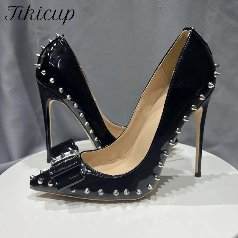 

Tikicup Glossy Solid Black Spikes Bow Women Pointy Toe High Heel Shoes Sexy Fashion Slip On Stiletto Pumps Plus Size 33-46