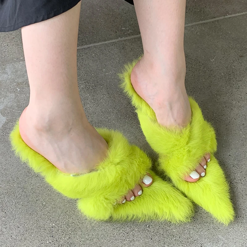 

Autumn Furry Women High Heels Sandals 2022 Fashion Pointed Toe Slippers New Female Slides Outdoor Ladies Shoes Plush Pumps
