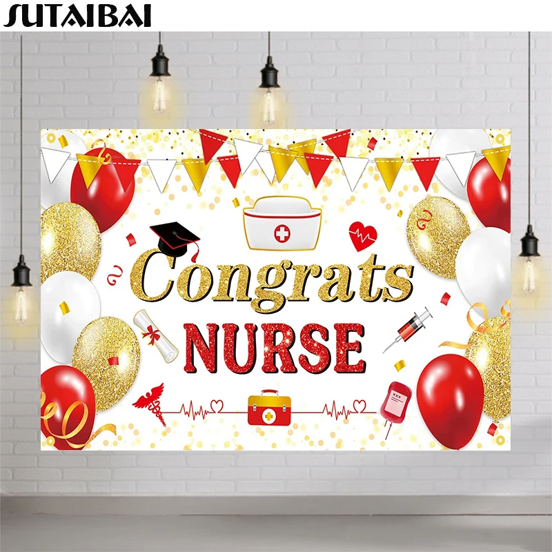 Congrats Nurse Backdrop Banner Gold Red Nurse Graduation Background Banner Nurse Nursing Congrats Grad Party Decoration Supplies