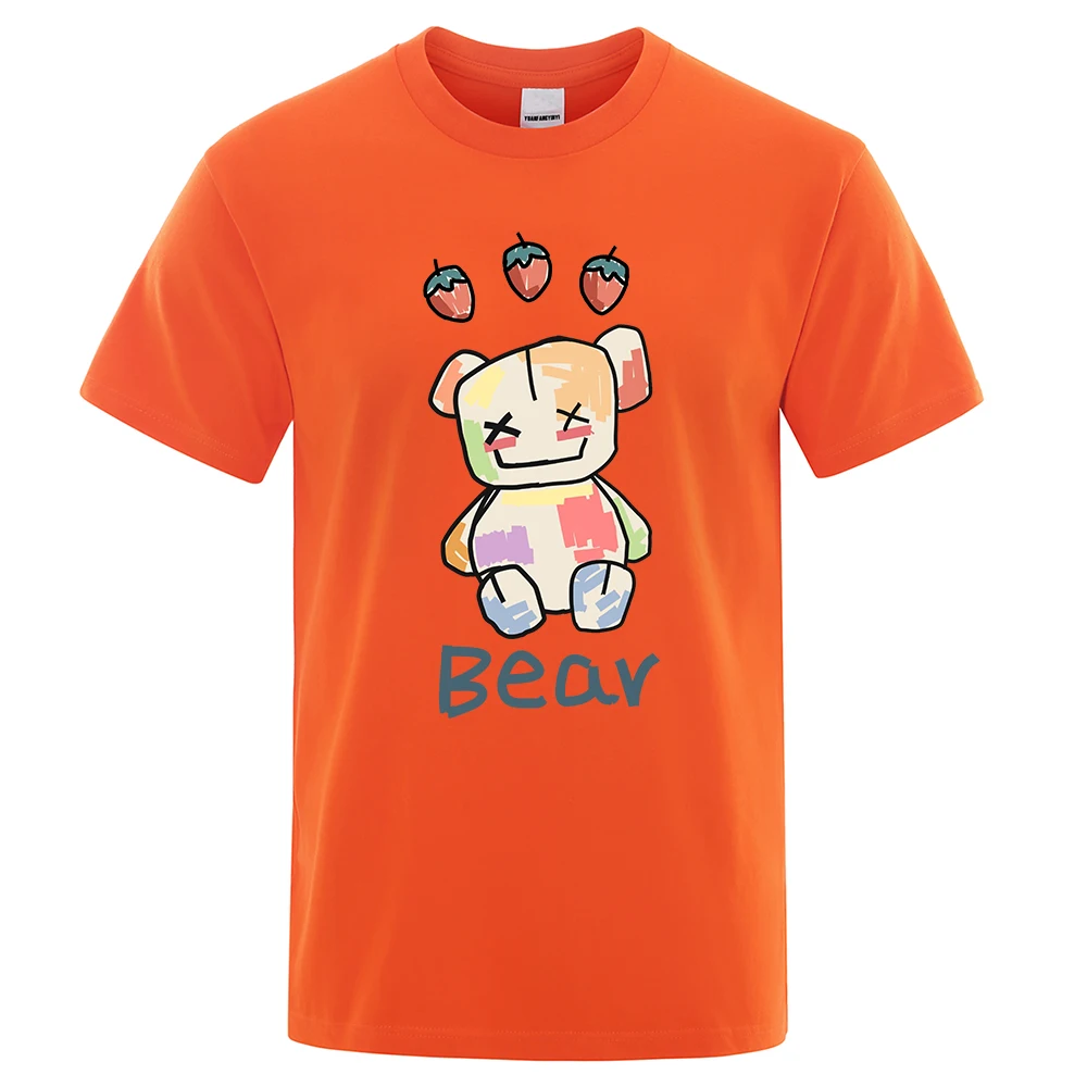 

Kawaii Strawberry Bear Print Male Tshirt Summer Loose Cotton T Shirt High Quality Loose Tee Clothes Oversized Casual Man Tops