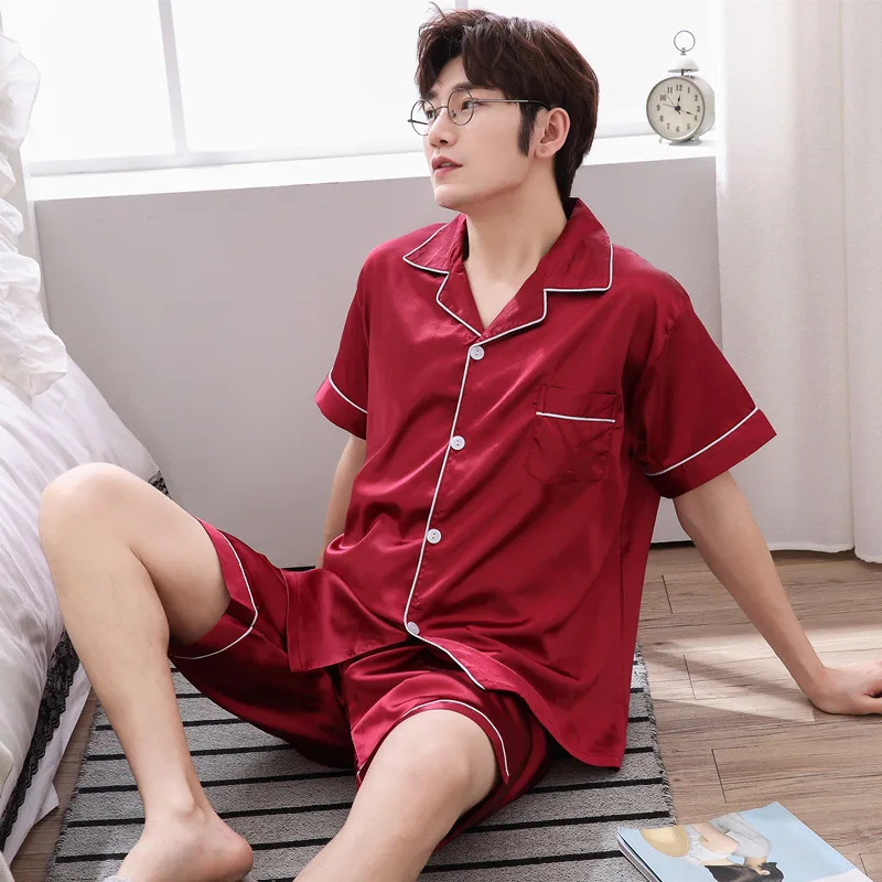 Men's Pajamas Summer Thin Ice Silk Summer Short-Sleeved Shirt and Shorts Artificial Silk plus Size Solid Color Suit