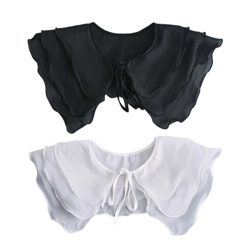 

Women Girl Elegant Detachable Faux Collar Multilayer Ruffled Trim Shawl Wrap Scarf Lace-Up Bowknot Decorative Cape Shrug