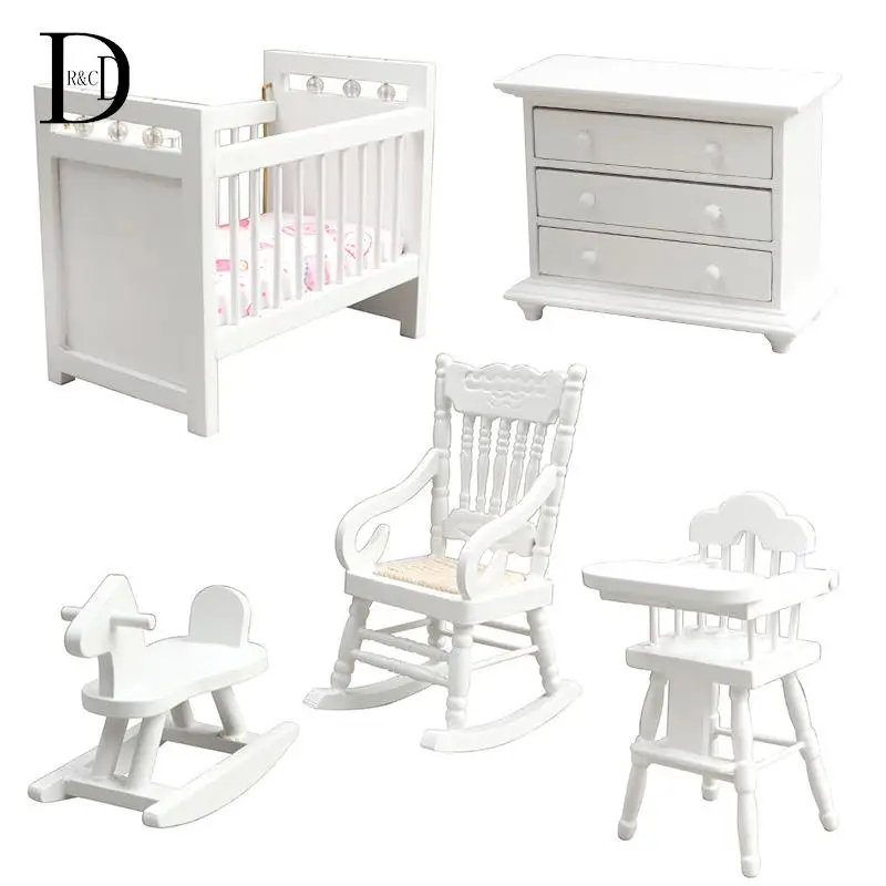 

1set 1:12 Doll House Mini Furniture White Children's Room Set Small Bed Rocking Chair Rocking Horse Cabinet Bedroom Furniture