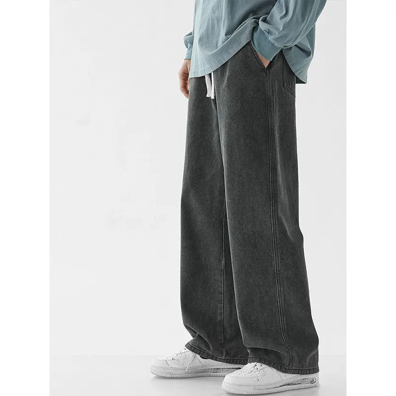 2022 New Jeans Men's Summer Thin Loose Belt Straight Fashion Wide Leg Pants Tide Brand Ins Hong Kong Style Mopping Long Pants