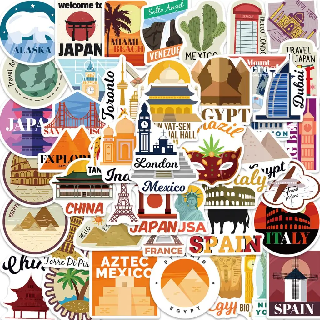 

10/50pcs Stickers World City Landmarks Graffiti Cartoon Skateboard Waterproof Luggage Sport DIY Laptop Car Stickers Decal Kids