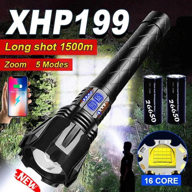 

1000000LM XHP199.9 Most Powerful Flashlight Rechargeable LED Torch Light XHP160-16 core High Lumens Flashlights Tactical Lantern