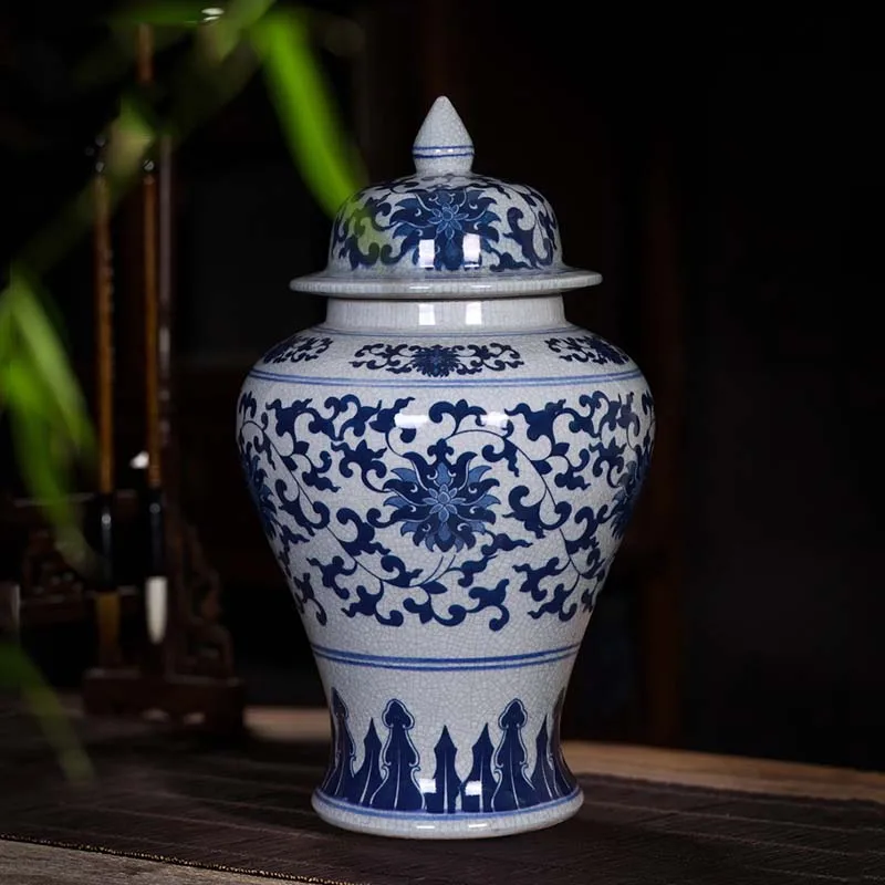 

Фарфоровая банка для дужек с крышкой, керамическая банка для имбиря, серо-синяя китайская глазурь с трещинами, искусство для гостиной, прихожей