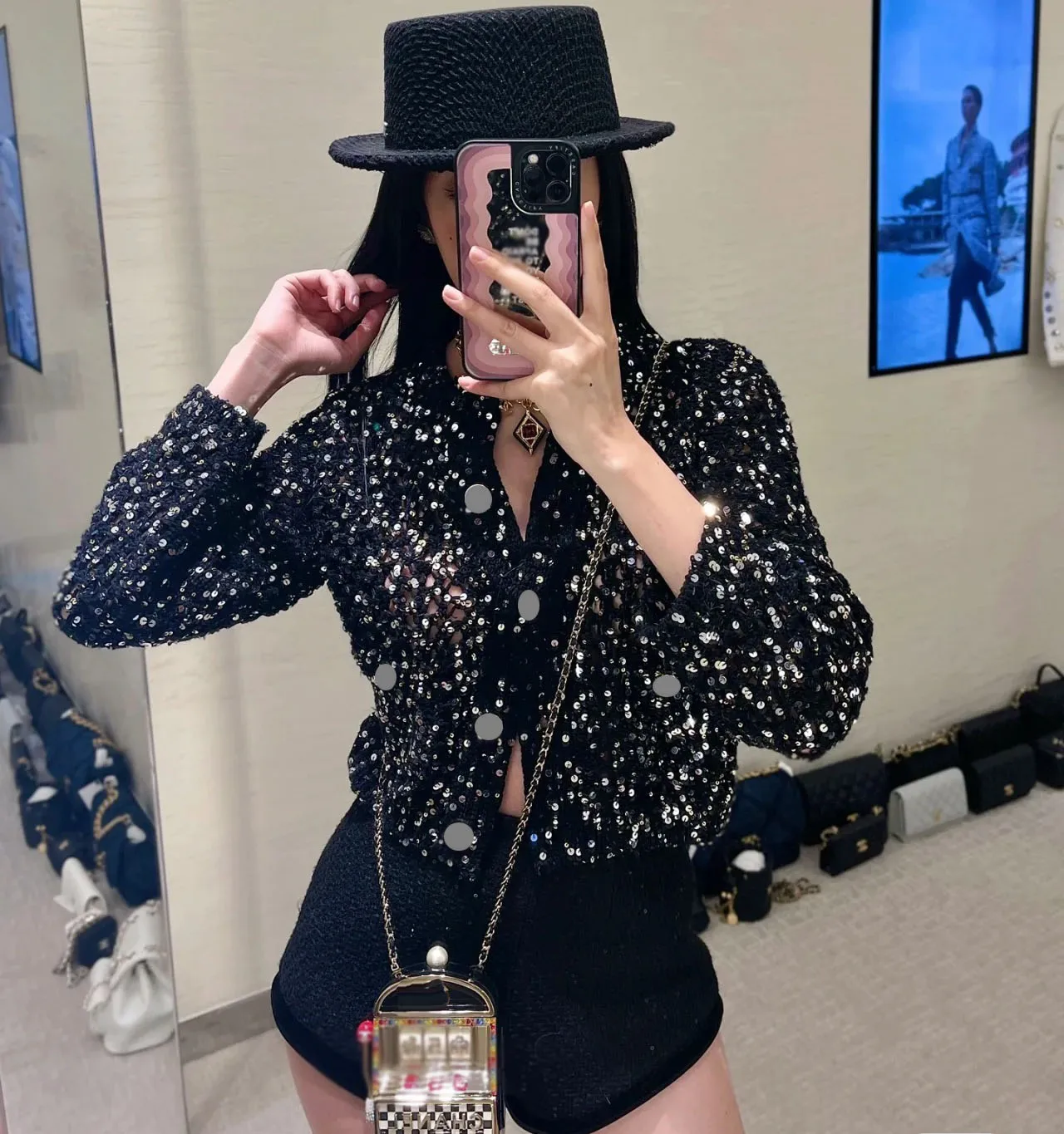 

high quality designer 2023 spring women sequins single breasted cardigan hollow out pockets sweater tops black beige