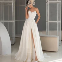 tixlear strapless a line wedding dresses 2022 backless high slit satin bridal gown with pockets court train robe de marie pleat