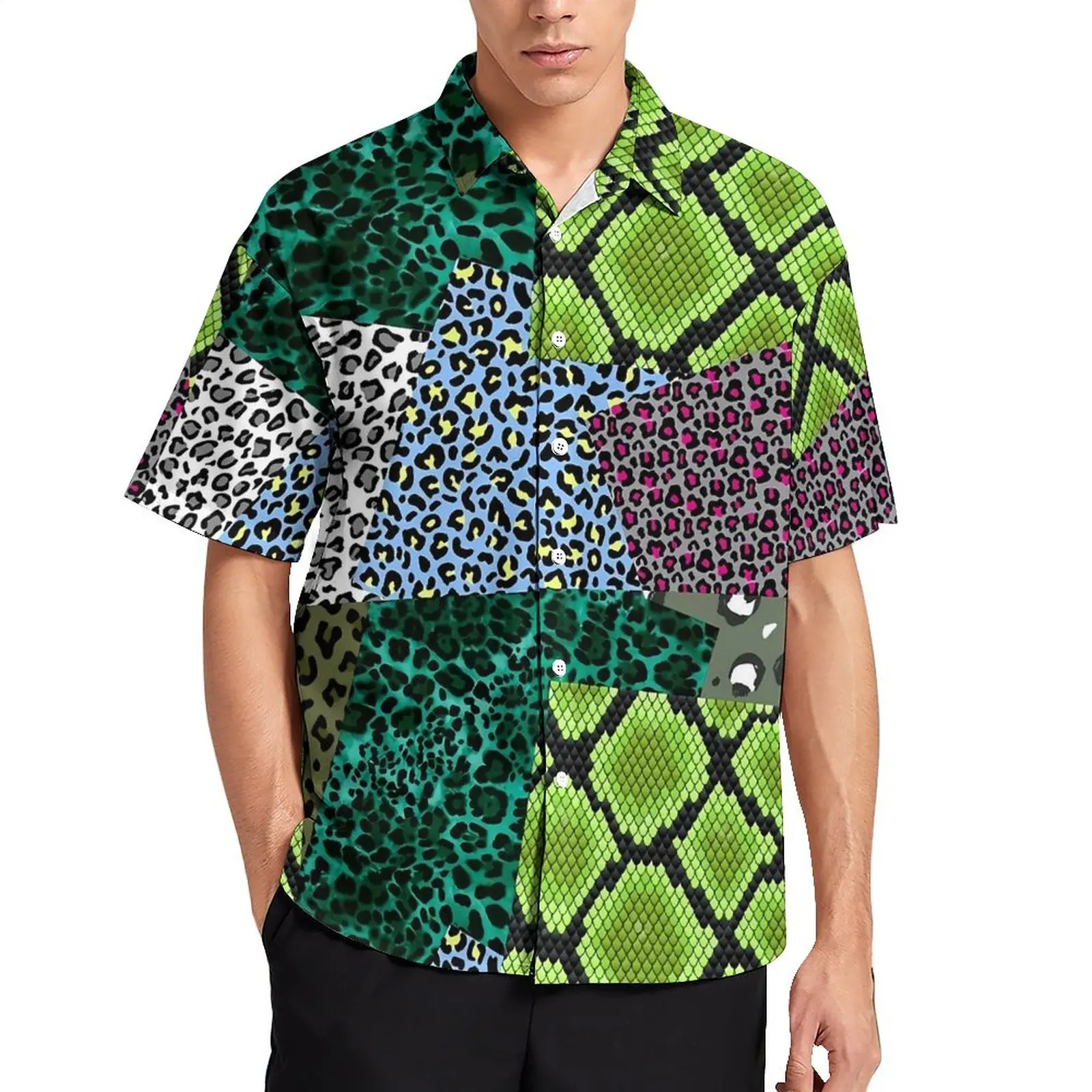 

Animal Patchwork Print Loose Shirt Men Vacation Retro Casual Shirts Hawaii Graphic Short Sleeve Novelty Oversized Blouses