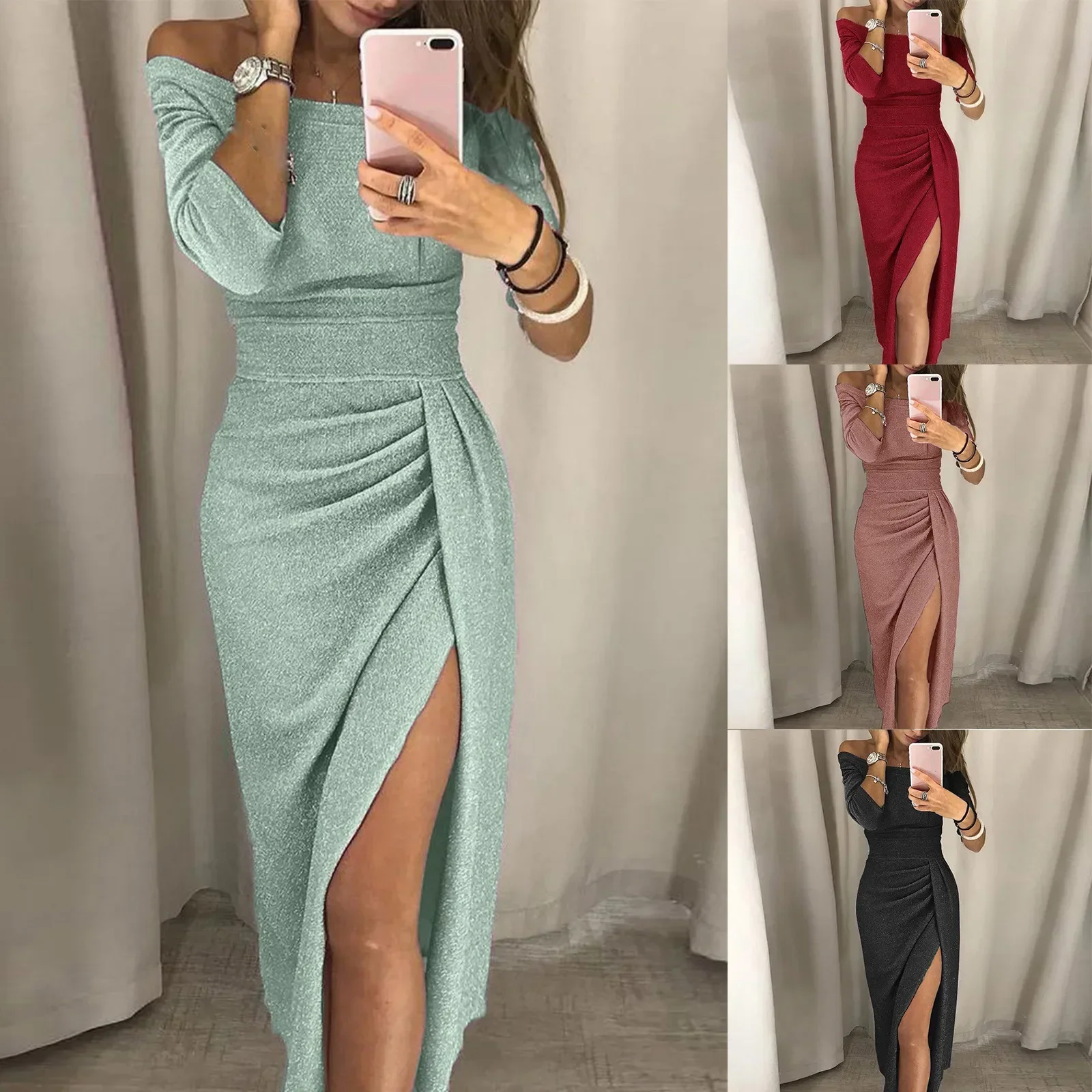 

Sexy High Waist Bling Party Dresses Women Autumn Off Shoulder Bright Silk Shiny Evening Dress Lady Split Bodycon Maxi Dress Robe