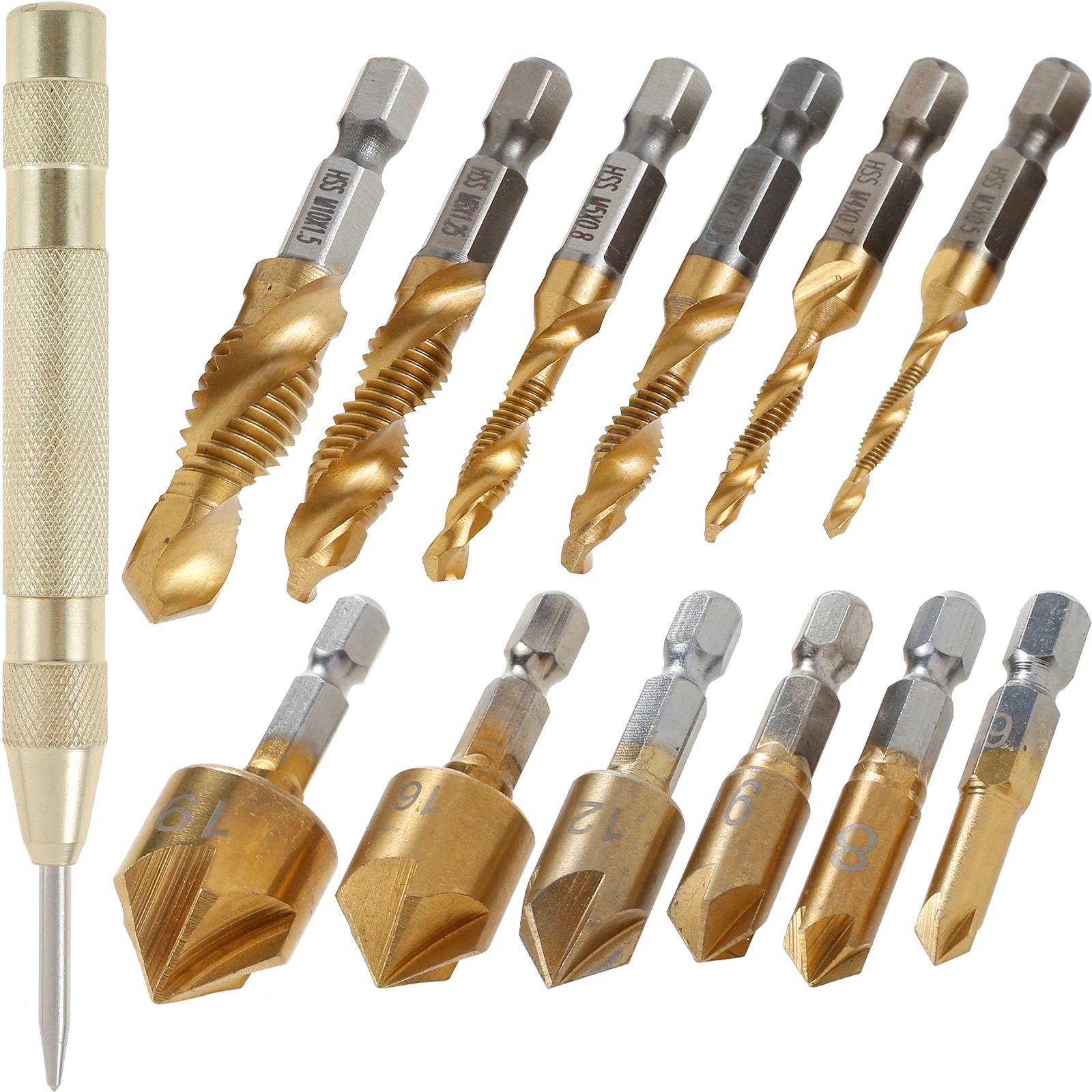 

13Pcs Countersink Drill Bit Hex Shank Titanium Coating Screw Tapping Drill Bit Spring Loaded Automatic Center Punch Woodworking