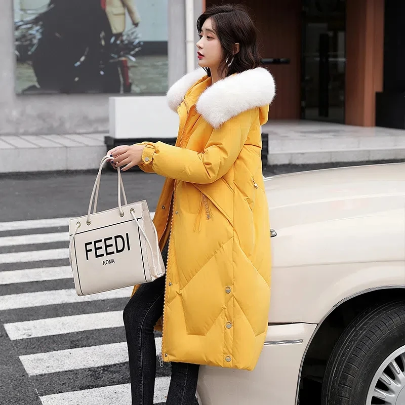Down Cotton Jacket Women 2022 Winter New Korean Slim Fashion Casual Padded Coat Female Large Size Hooded Fur Collar Long Parkas
