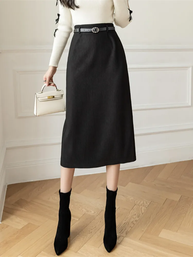 

Весна-Осень 2023 новая простая и модная юбка средней длины с высокой талией и поясом