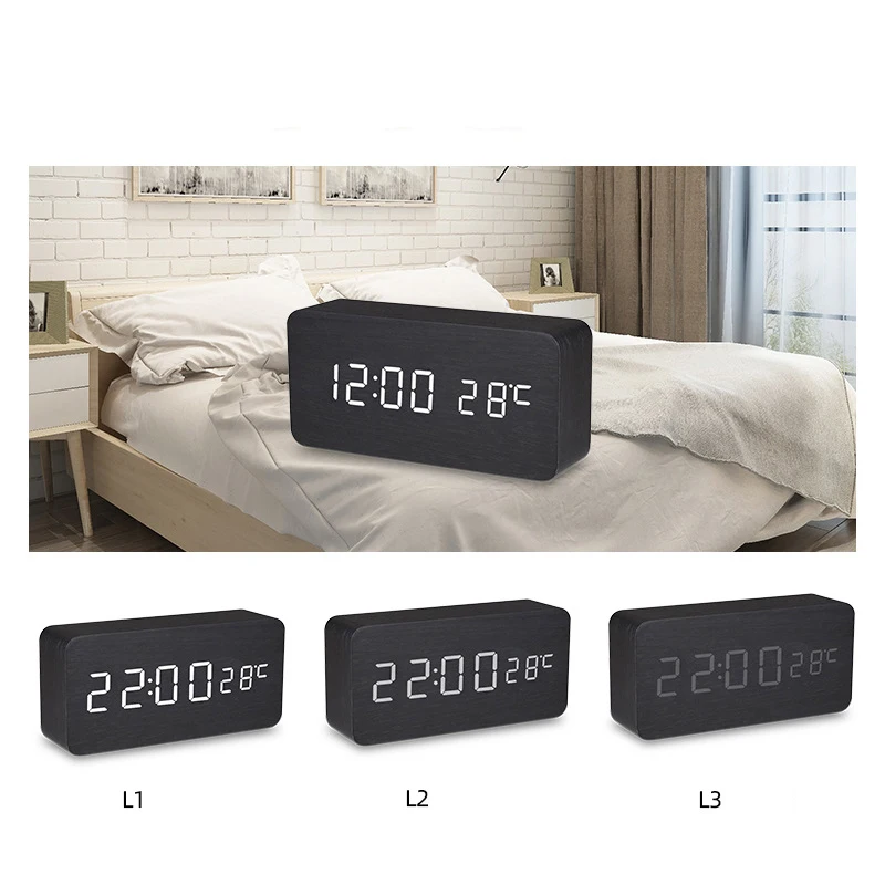 

Home Decoration Mini Wood Sounds Control Clock New Modern Wood Digital LED Desk Alarm Clock Bedside Table Clock Calendar Table D