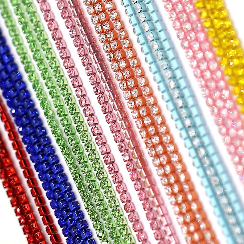 

2/2.5/3.0mm Crystal glass Rhinestone Chain with Colorful bottom sew on stone Cup Chain Gule on Rhinestone Trim DIY Accessories