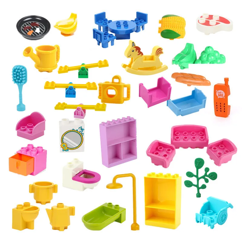 

Большое здание, мебель для игрового домика, кухонная комната, посуда, детали, совместимые большие кирпичи, игрушки, детский подарок