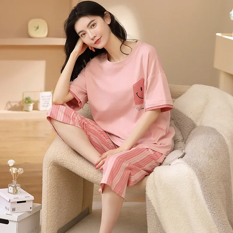 Милая женская летняя хлопковая одежда для сна комплект из 2 предметов милые брюки
