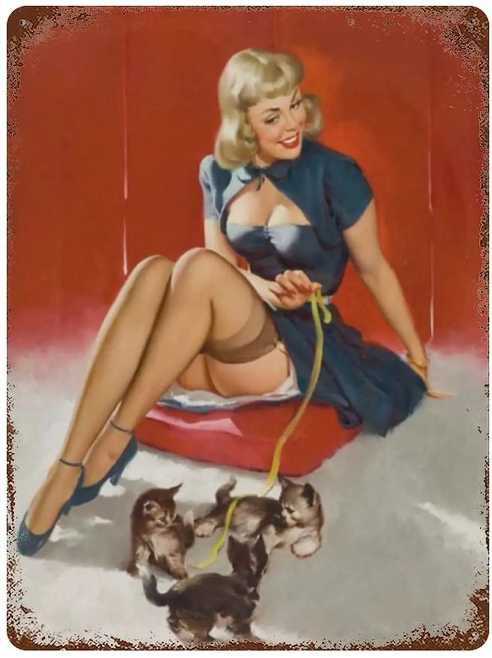 

CECEKIS Retro Sexy Woman and Cute Cat 1950s Metal Tin Sign, Garage Pin Up Girl Full Service, Vintage Metal Tin Signs for Men