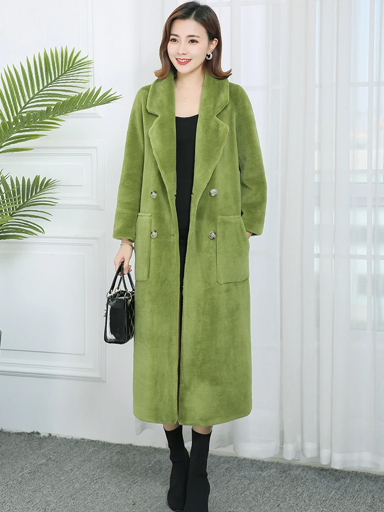 

Nerazzurri Winter Long Warm Real Fur Coat Women Long Sleeve Notched Lapel Double Breasted Genuine Sheep Shearling Fur Overcoat