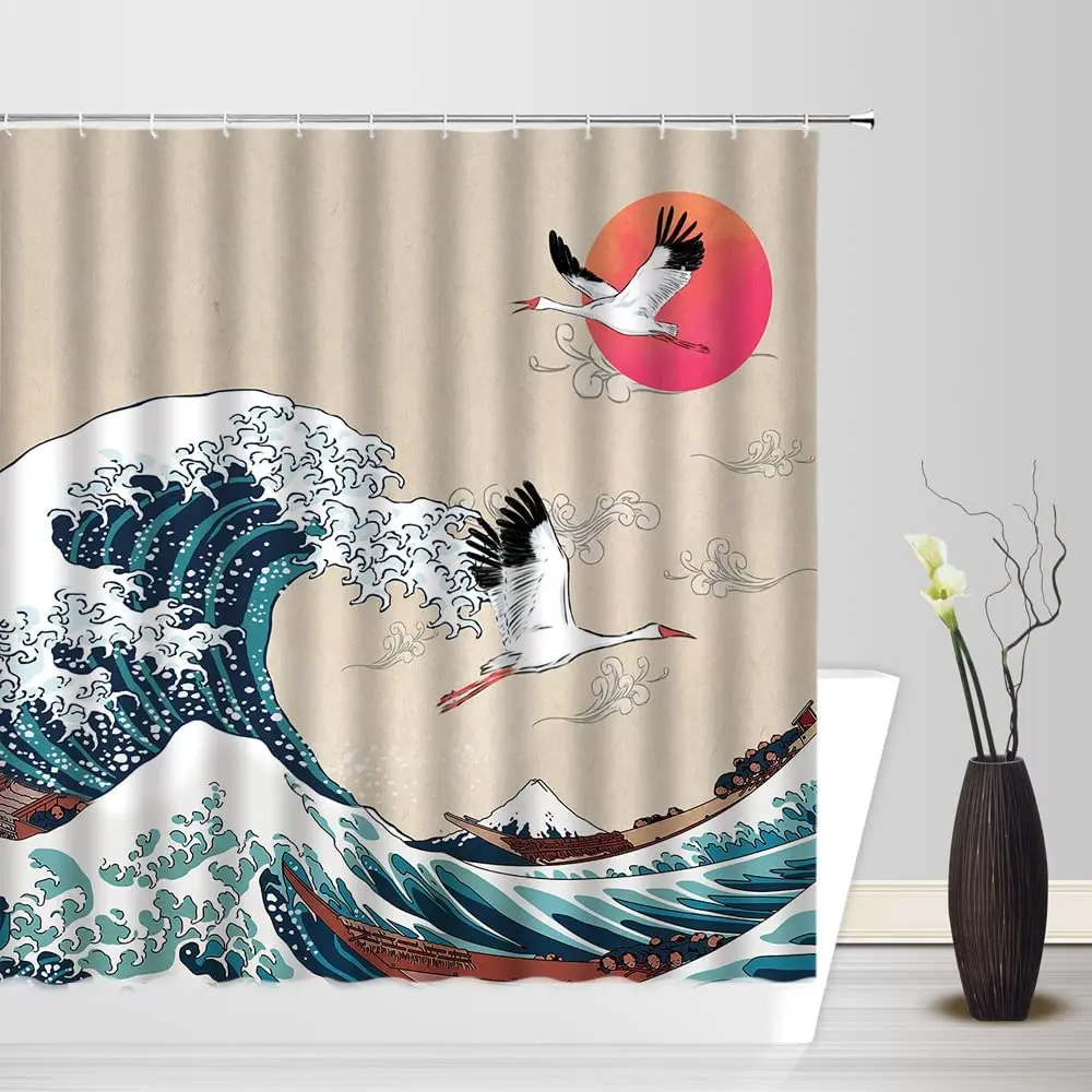 

Sea Waves Full Moon Red Sun Crane Shower Curtain Japan Kanagawa Ocean Boat Mount Fuji Art Bathroom Bath Curtains Decor with Hook