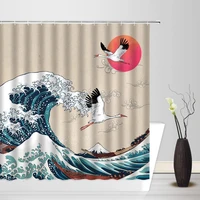 sea waves full moon red sun crane shower curtain japan kanagawa ocean boat mount fuji art bathroom bath curtains decor with hook