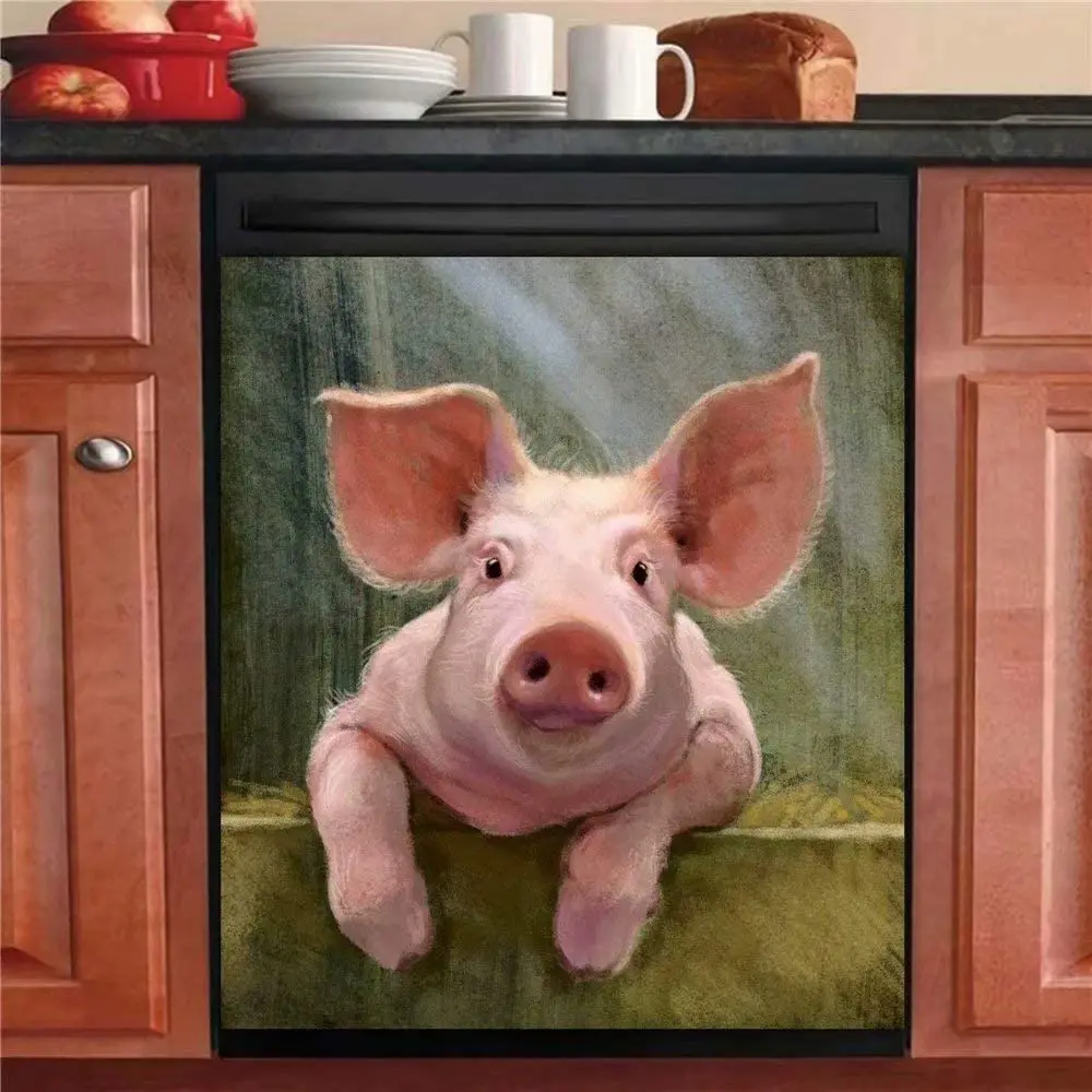 

Oil Painting of Animal Cute Pig Dishwasher Door Cover Removable Vinyl Panel Decal Magnetic Refrigerator Stickers 23" W x 26" H