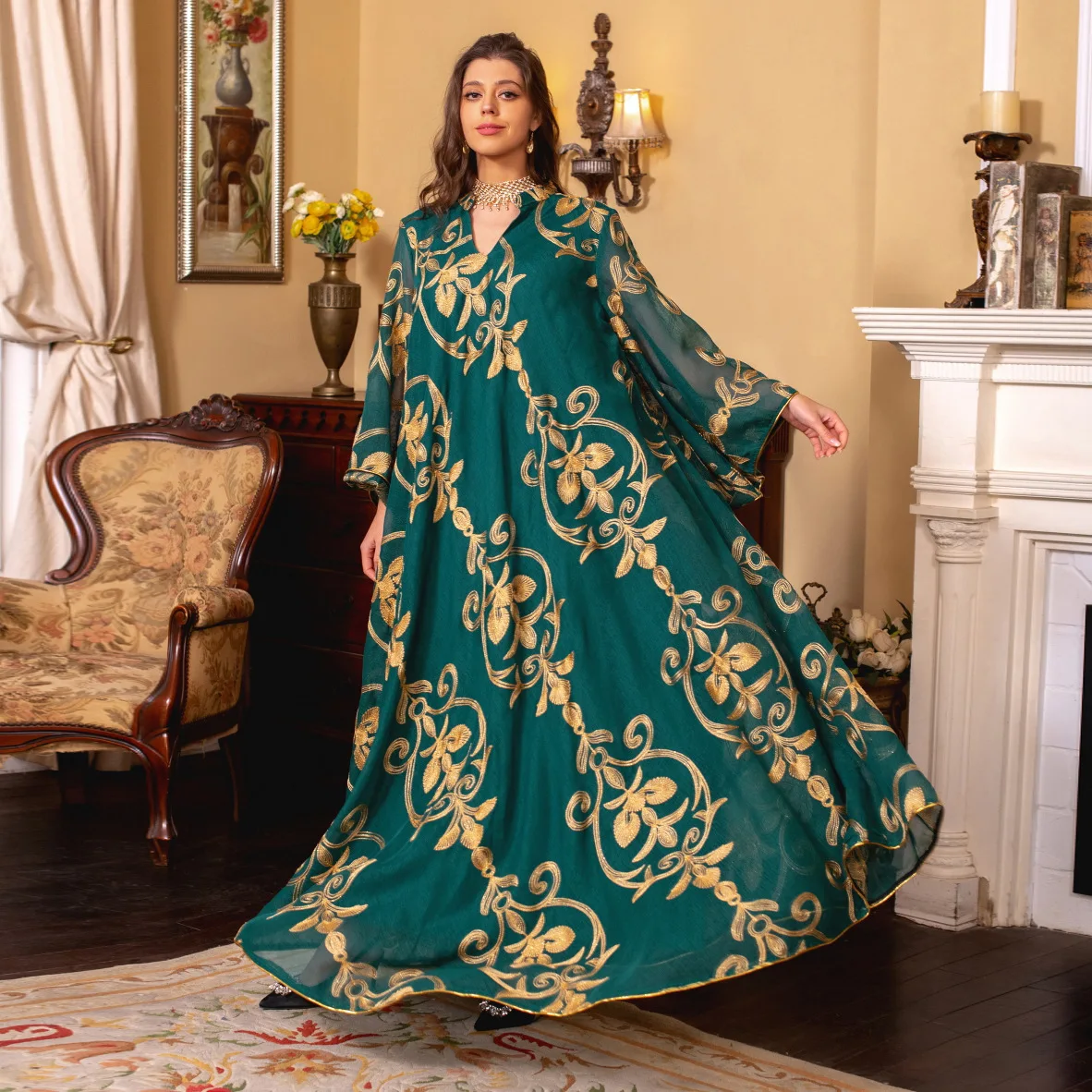 Spring Break 2023 New Lady V-Neck Embroidered Mesh Long Dress Muslim Party Gorgeous Dinner Fashion Evening Dress Abaya