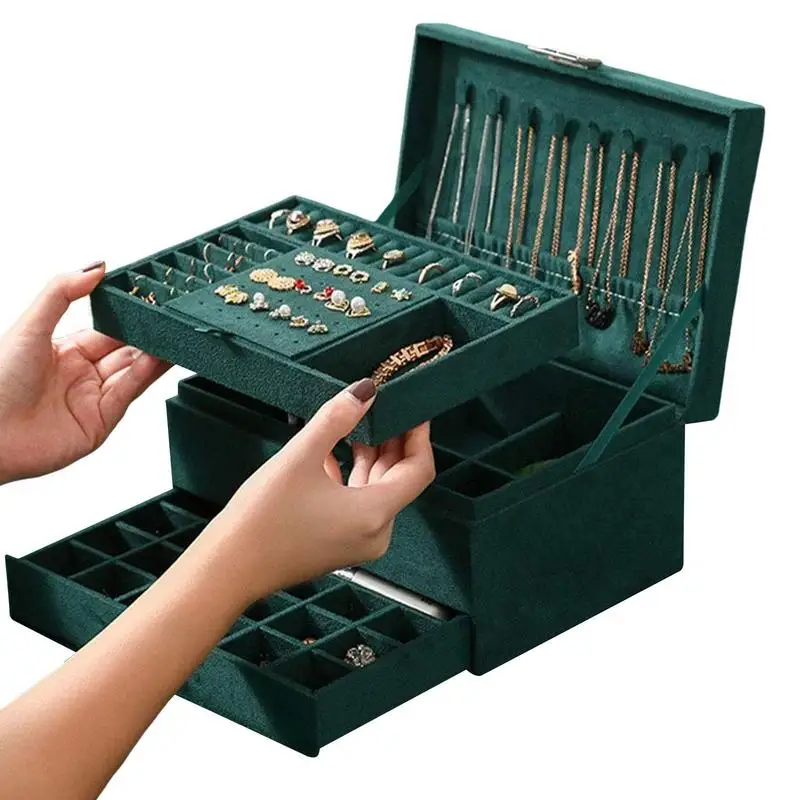 

Большая шкатулка для ювелирных украшений, органайзер 3-уровневый из зеленого бархата, со съемным лотком и замком, для демонстрации колец и ю...