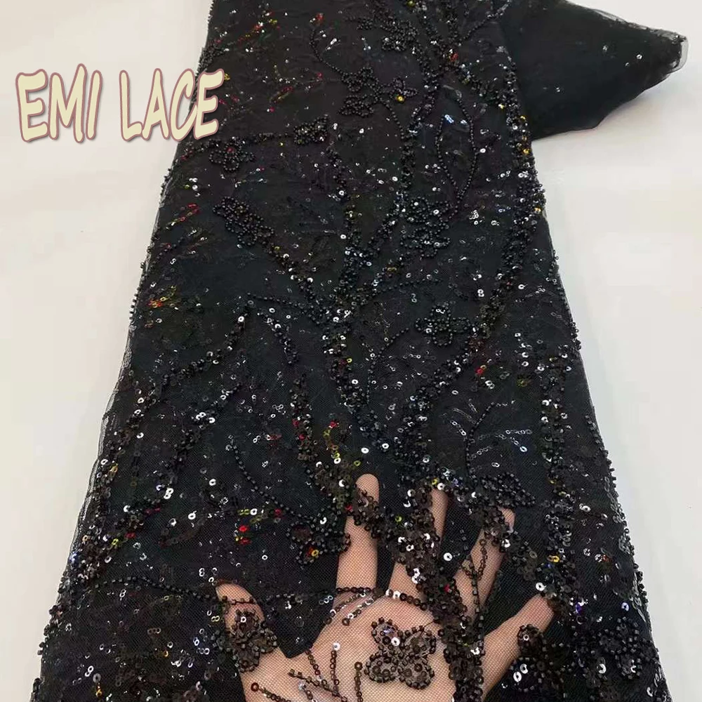 

beaded dress best sell african fabric Black Glitter Embroidered tulle high quality sequins beads lace fabric for wedding 2023