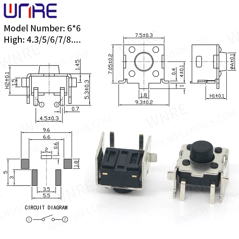 Тактильный переключатель 6*6*5 мм с держателем, 2-контактный SMT микропереключатель серии 6X6, тактовый кнопочный переключатель
