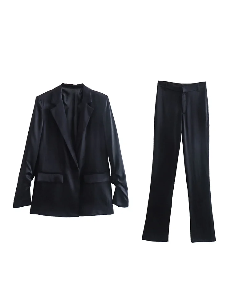 

Костюмы для женщин, элегантные офисные атласные комплекты блейзеров, собранный блейзер с длинным рукавом и брюки-карандаш с высокой талией, комплекты женской одежды