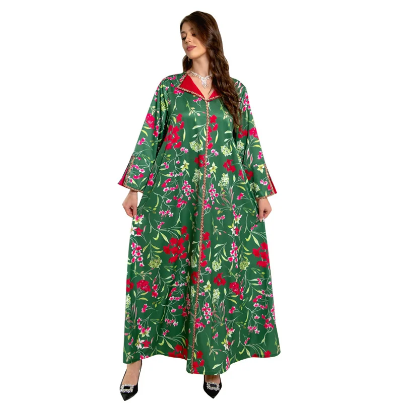 

Modest Muslim Moroccan Jalabiya Dubai Caftan Dress for Women Eid-al-Adha 2023 Twist Rhinestone Rape Trim Print Arab Abaya Green