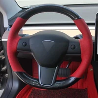 interior diy 5d black carbon fiberred hole leather steering wheel hand sewing wrap cover fit for tesla model 3 2017 2020