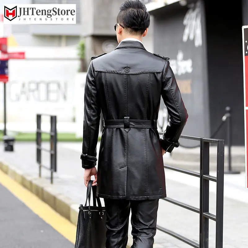 

2022 Men's Leather Trench Coat Vintage British Style Windbreaker Handsome Solid Color Slim-fit Overcoat Long Jacket Q03