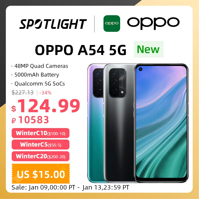  OPPO A54 Global Version 5G Smartphone 4GB 64GB Qualcomm 5G SoCs 48MP Quad Cameras 5000mAh Battery 6.5 90Hz Display Mobile Phone 