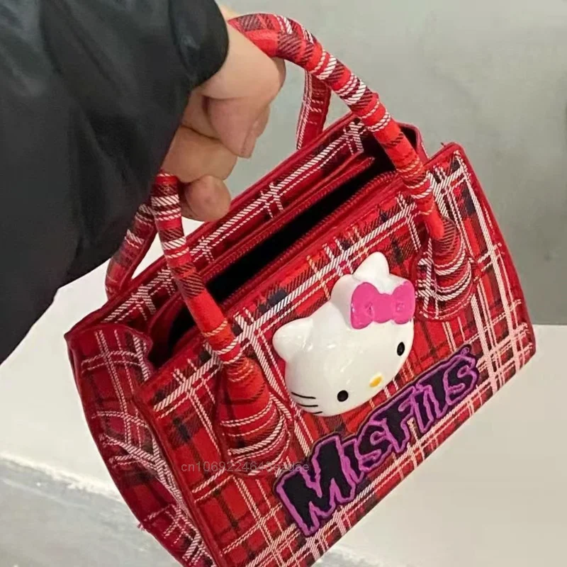 Hello Kitty Fashion Handbags For Women Y2K Plaid Mini Messenger Bags Girl New Sanrio Cute Cartoon Harajuku Style Shoulder Bag