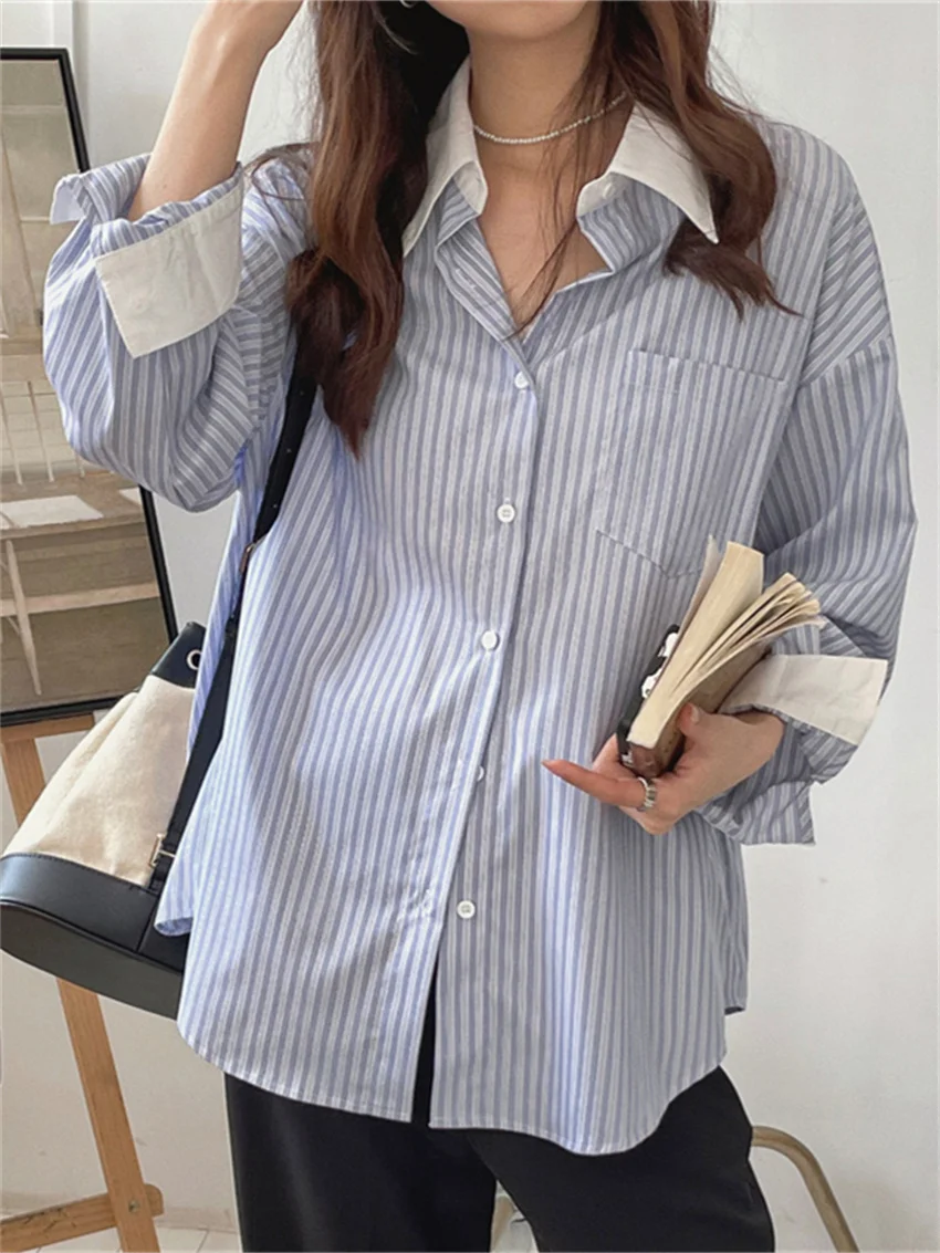 

HziriP Blue Elegant Women Mid-Length Shirts Loose-Fitting New 2022 Spring OL Stripes Casual Mujer All Match Streetwear Tops